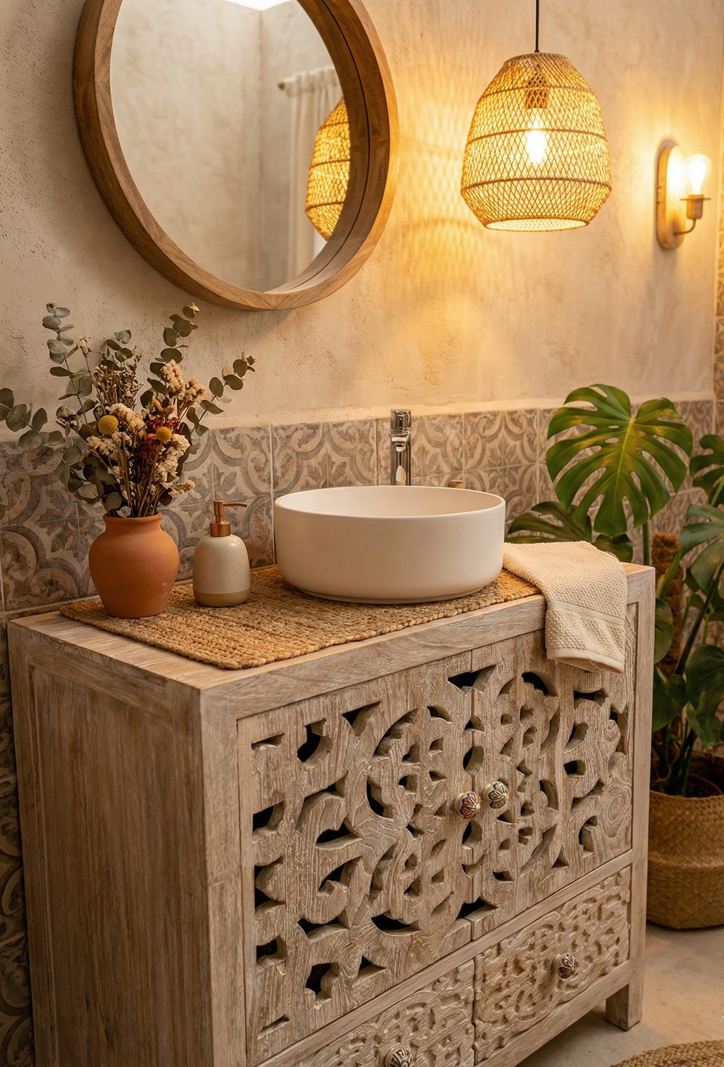 Mueble de baño a medida colonial-asiático fabricado artesanalmente en teca AM-14318
