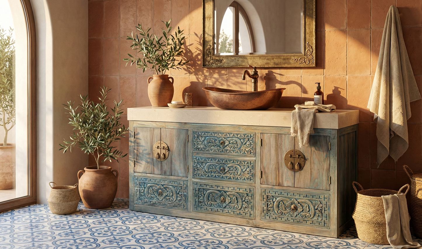 Mueble de baño colonial asiático a medida , tallado en Teca AM-202404251218