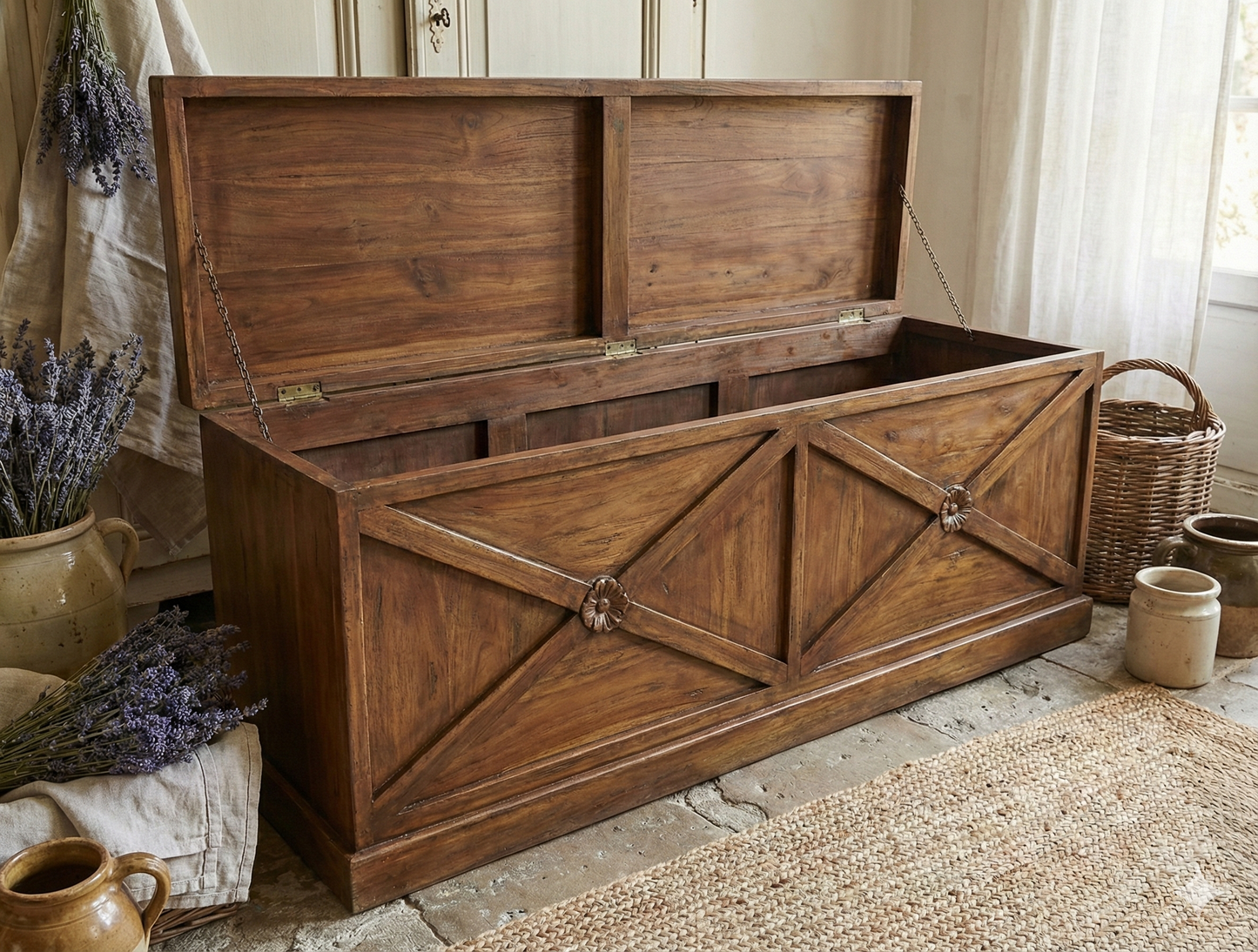 Baúl con crucetas en madera de teca - AM-20285