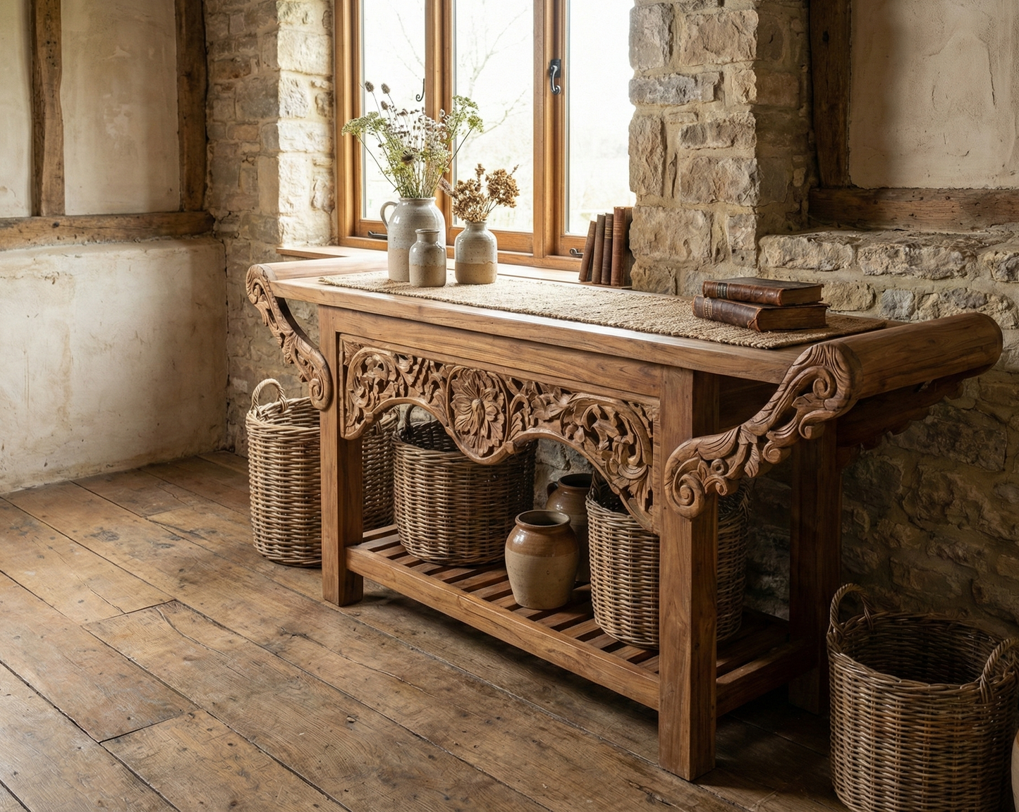 Consola colonial asiatica a medida tallada teca 42/48