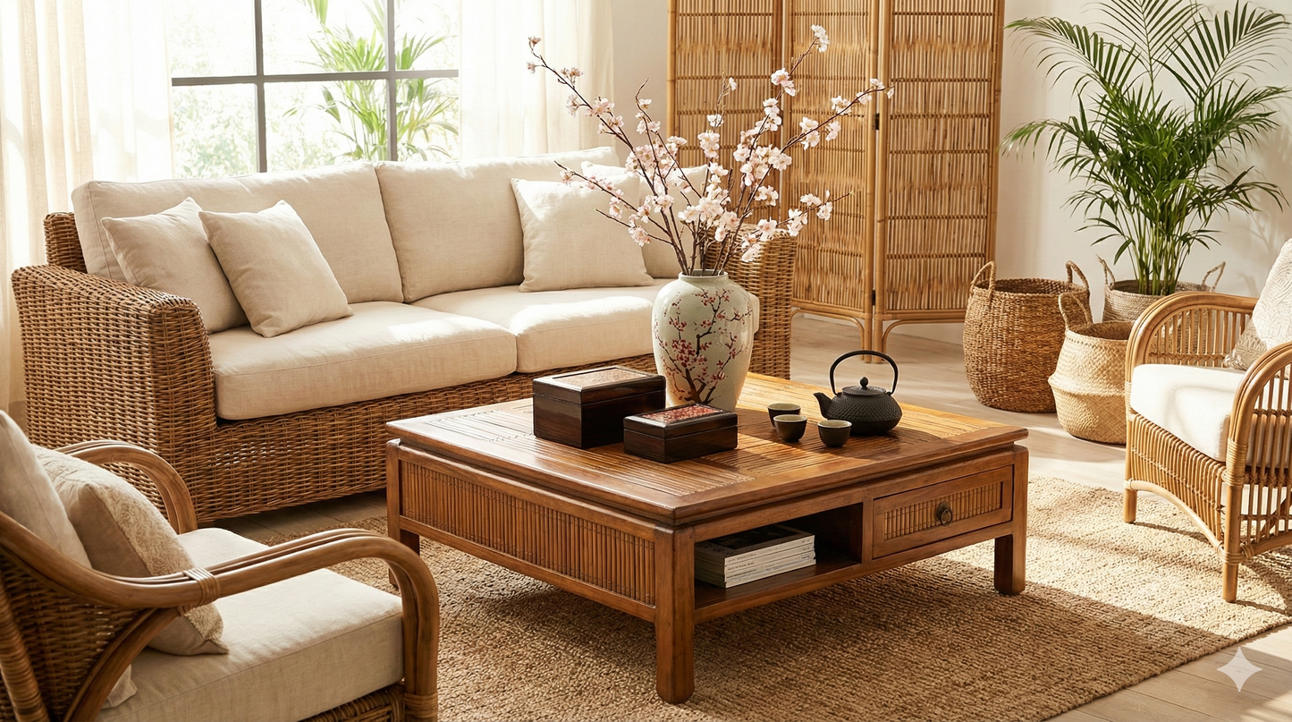 Mesas de centro colonial asiática a medida teca y bambú 55/85
