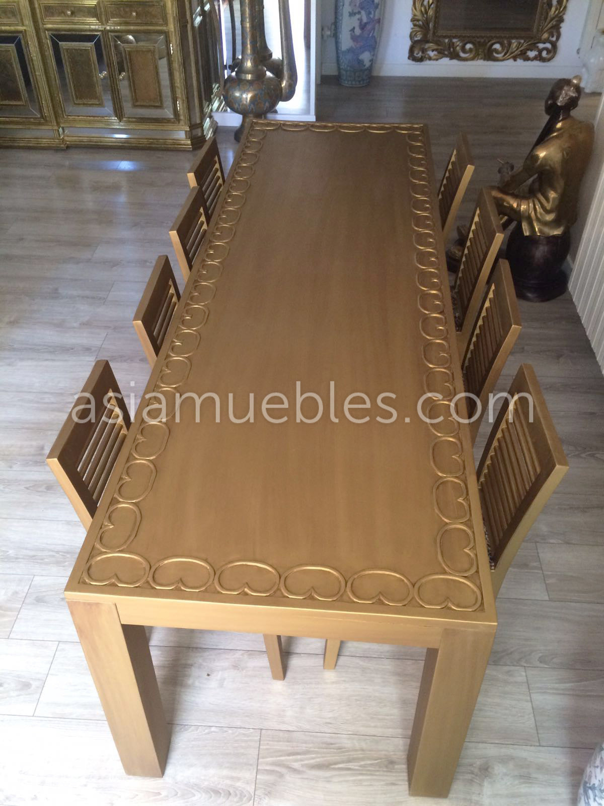 Mesa comedor estilo colonial asiática tapa tallada en dorado - AM-13957