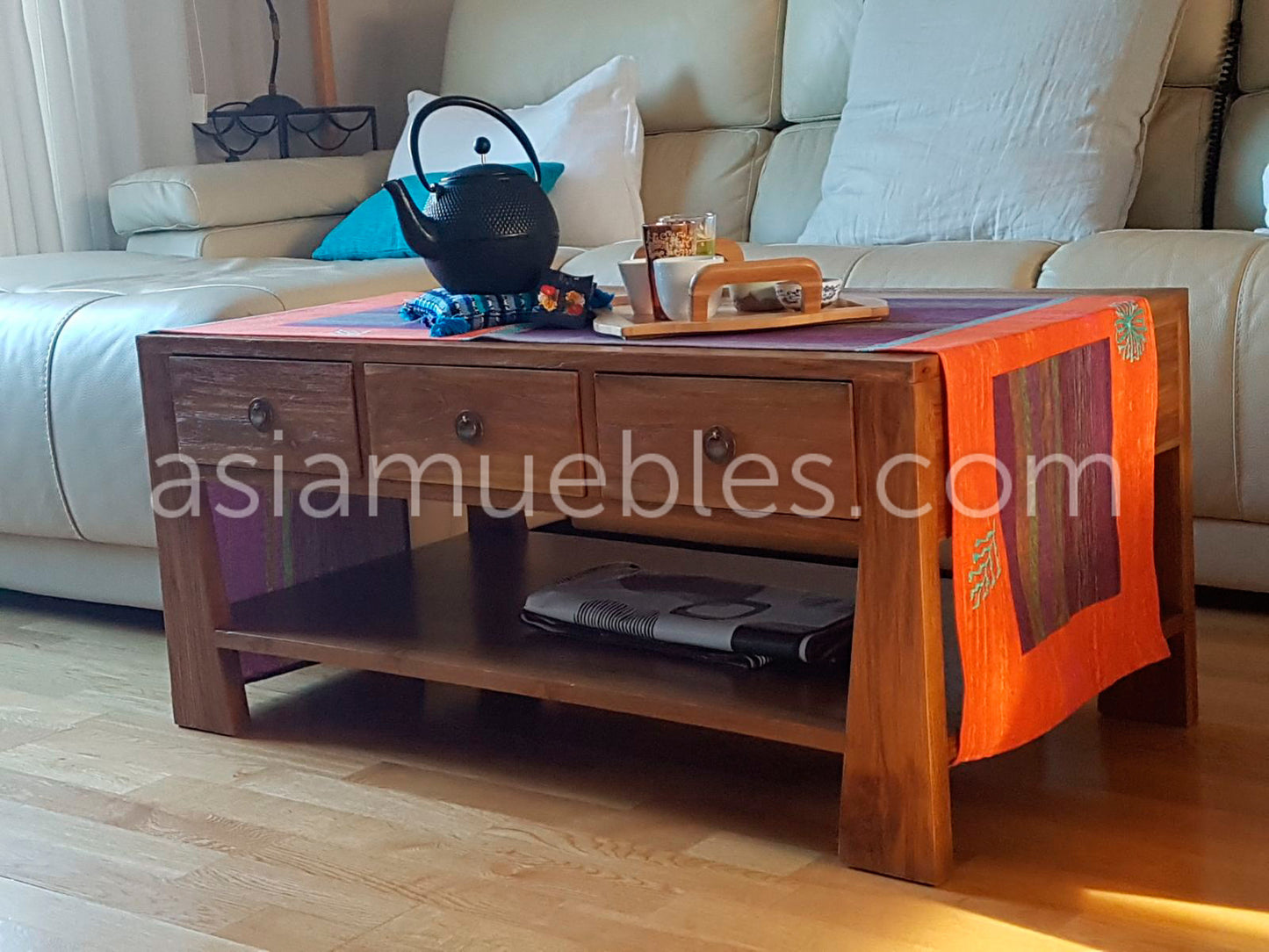 Mesa centro colonial asiática 3 cajones en teca - AM-14601