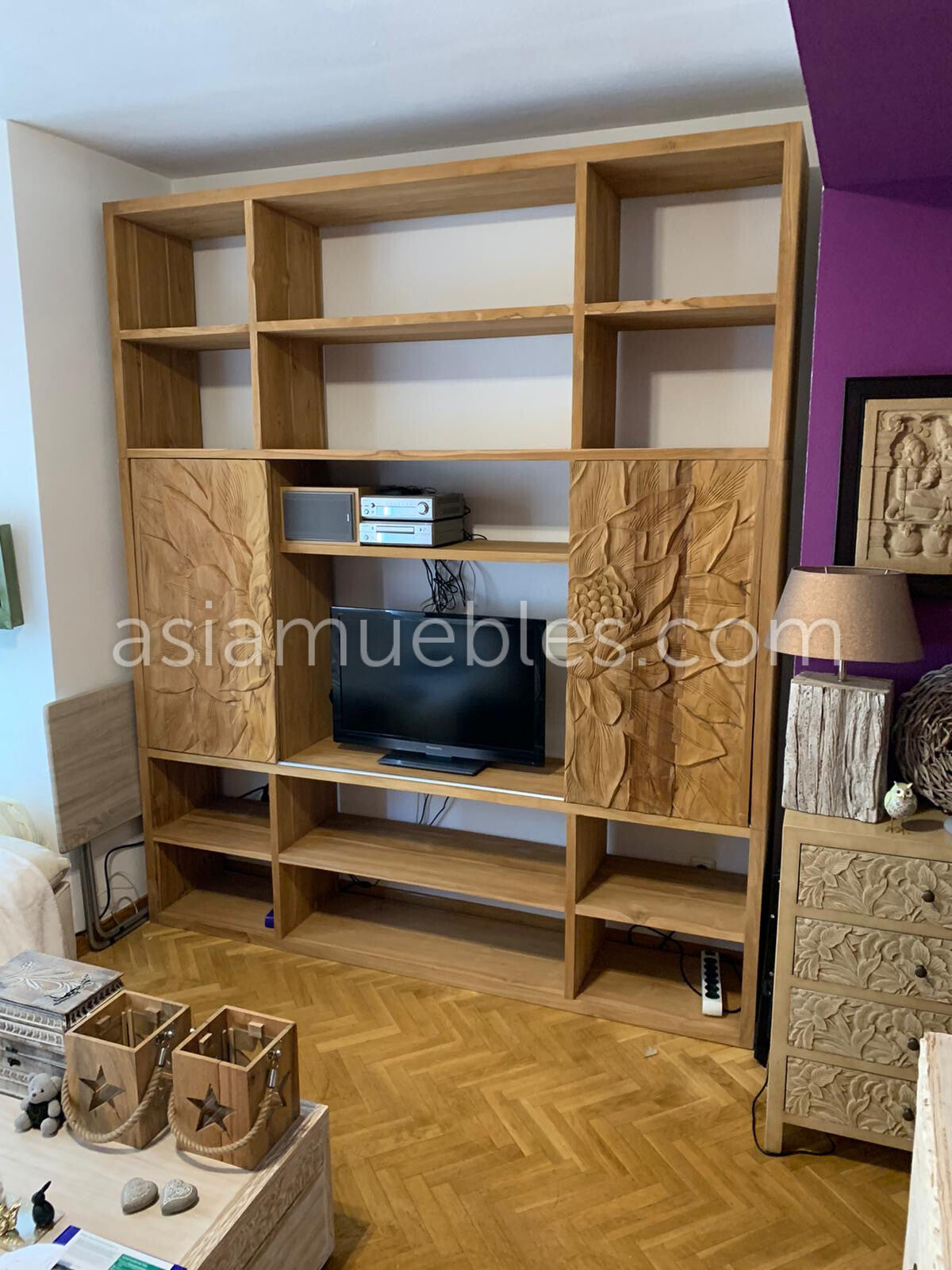 Mueble TV a medida en madera de teca tallada - AM-14670