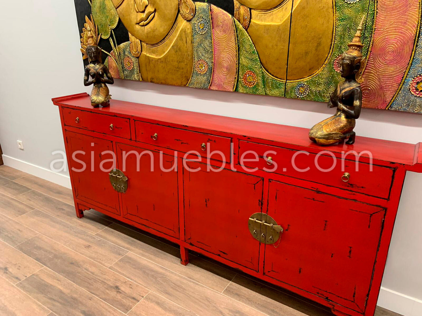Aparador colonial-asiatico a medida rojo envejecido – AM-14145
