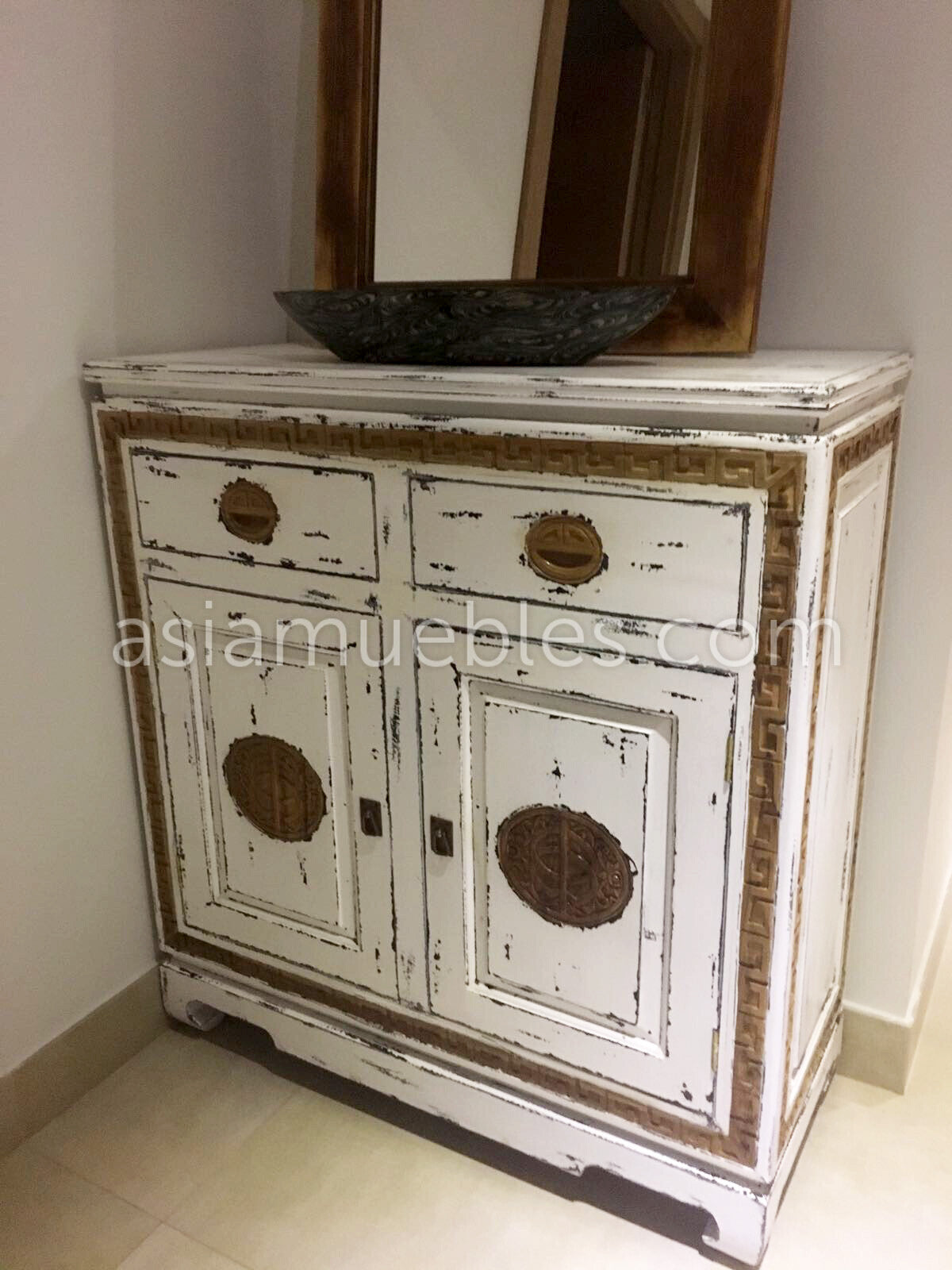 Mueble de Baño colonial-asiático fabricado artesanalmente en teca AM14314