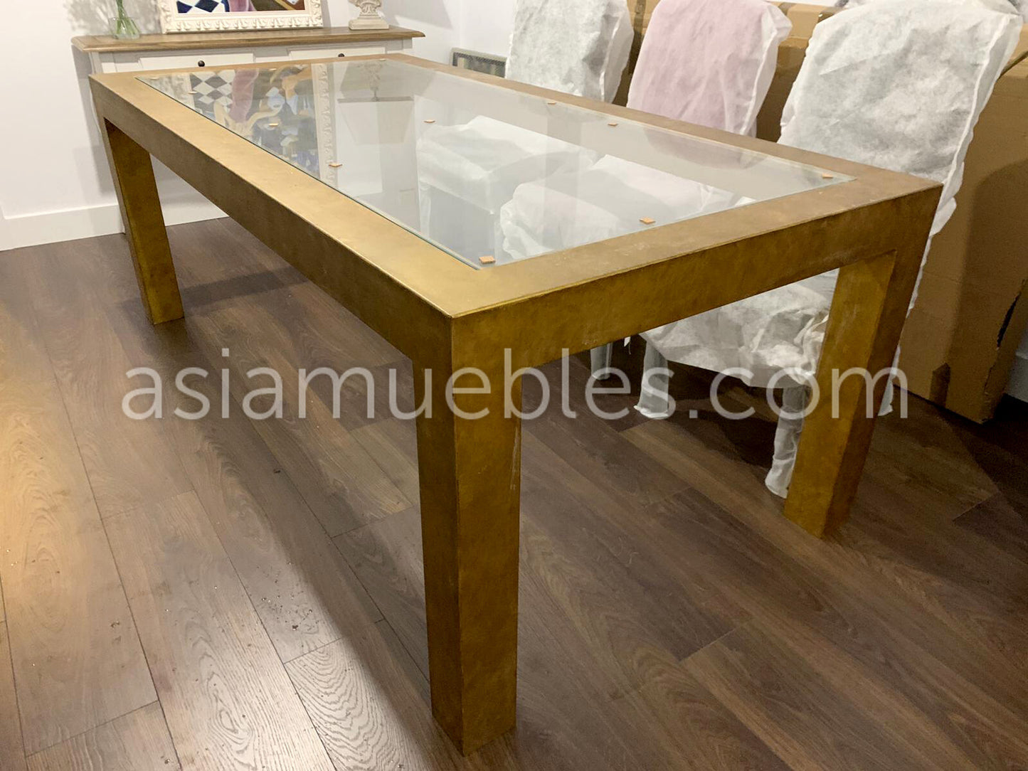 Mesa de comedor de metal y tapa de cristal a medida AM-13922