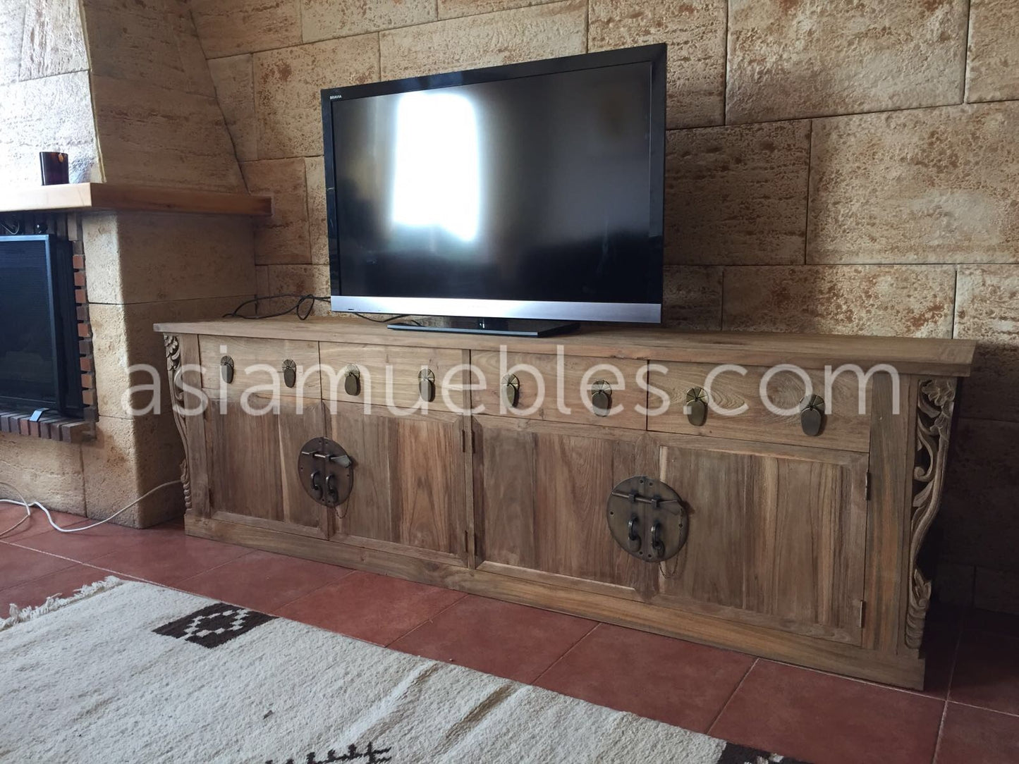 Aparador colonial asiático tallado en teca y cierres chinos AM-20846