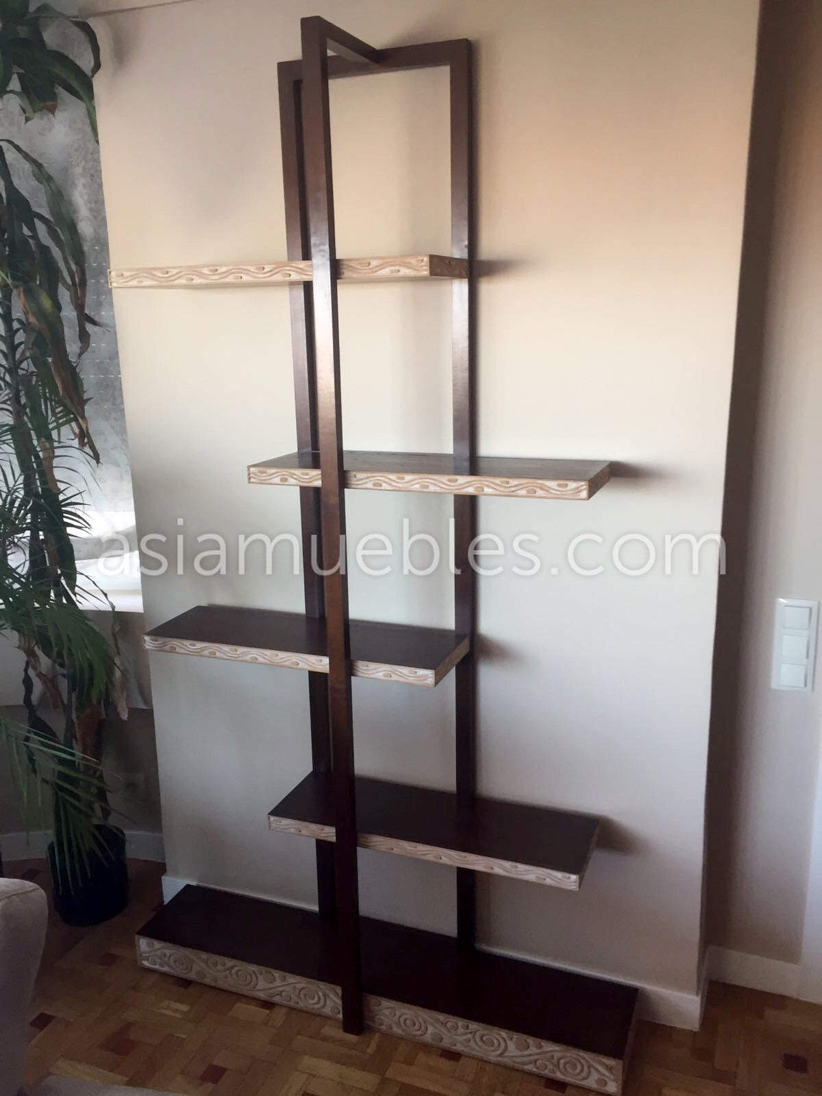 Librería en madera de teca tallada estilo colonial-asiático - AM-14483