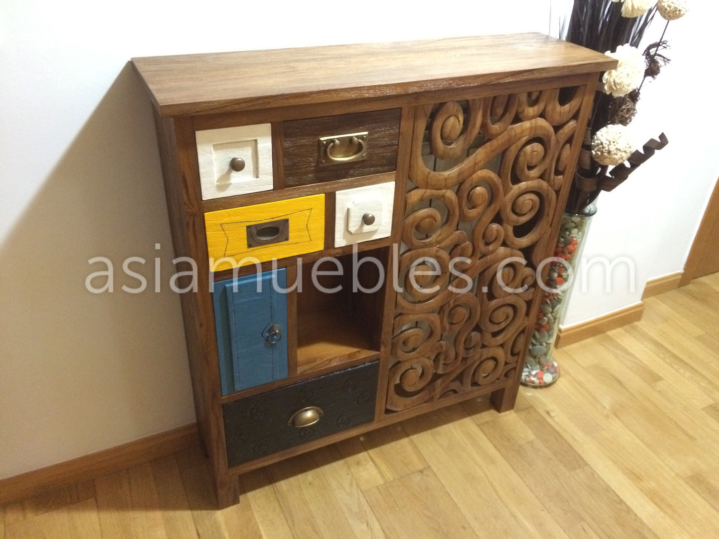 Cubreradiador colonial asiático tallado y cajones de colores - AM-20446