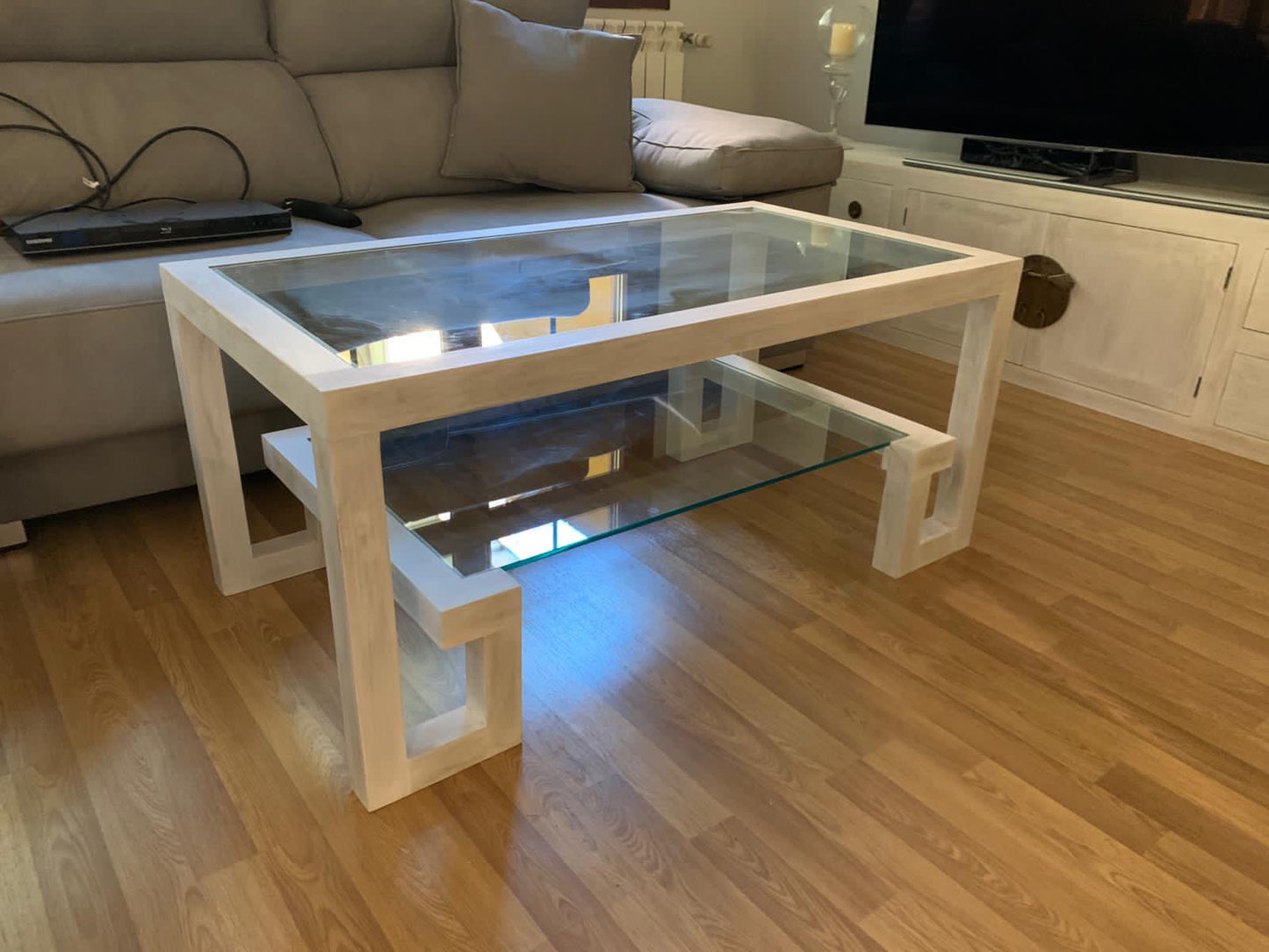 Mesa centro a medida en teca y cristal salón AM202208041938