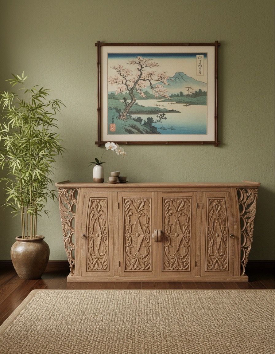 Aparador colonial asiático tallado en teca y cierres chinos AM-20846