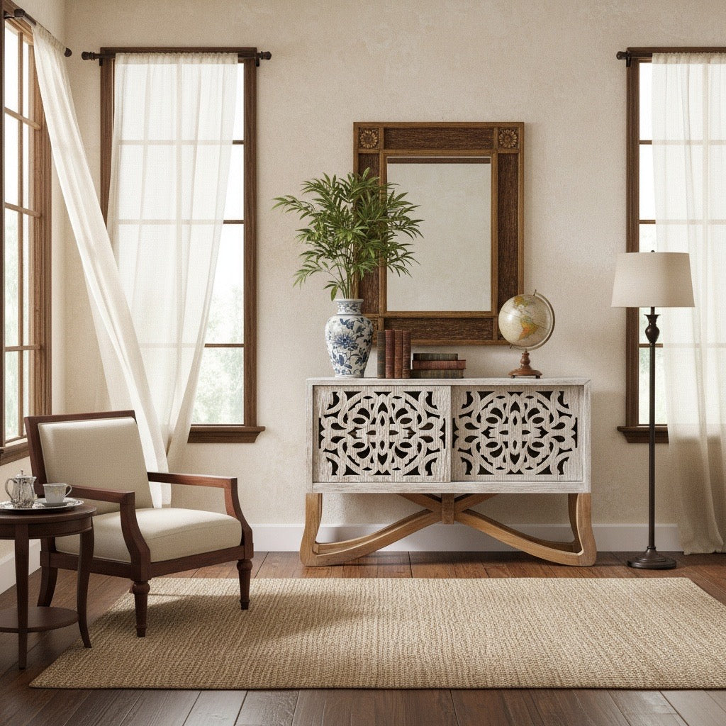 Aparador a medida con puertas talladas en madera de teca estilo balinés AM202201191449