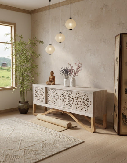 Aparador a medida con puertas talladas en madera de teca estilo balinés AM202201191449