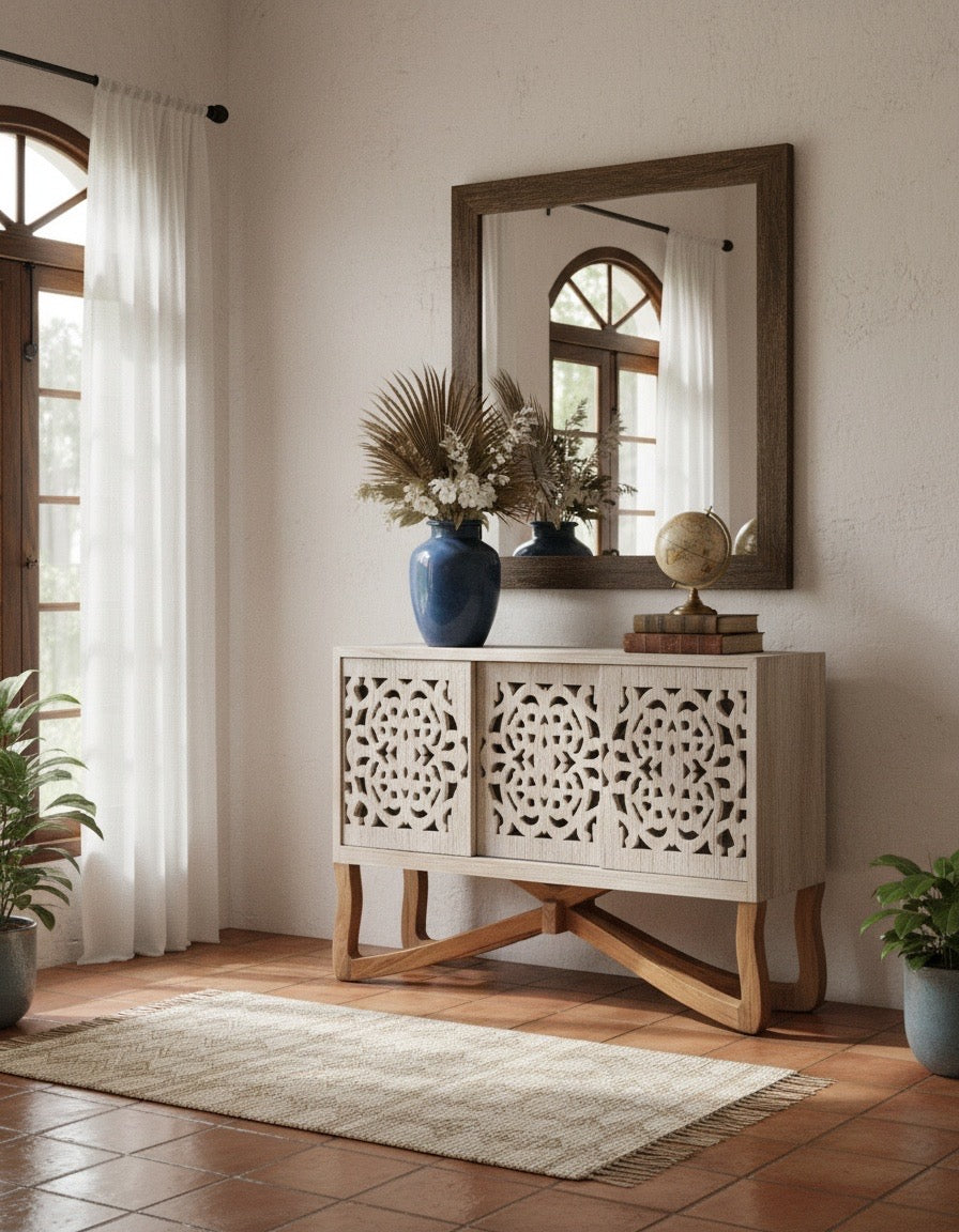 Aparador a medida con puertas talladas en madera de teca estilo balinés AM202201191449
