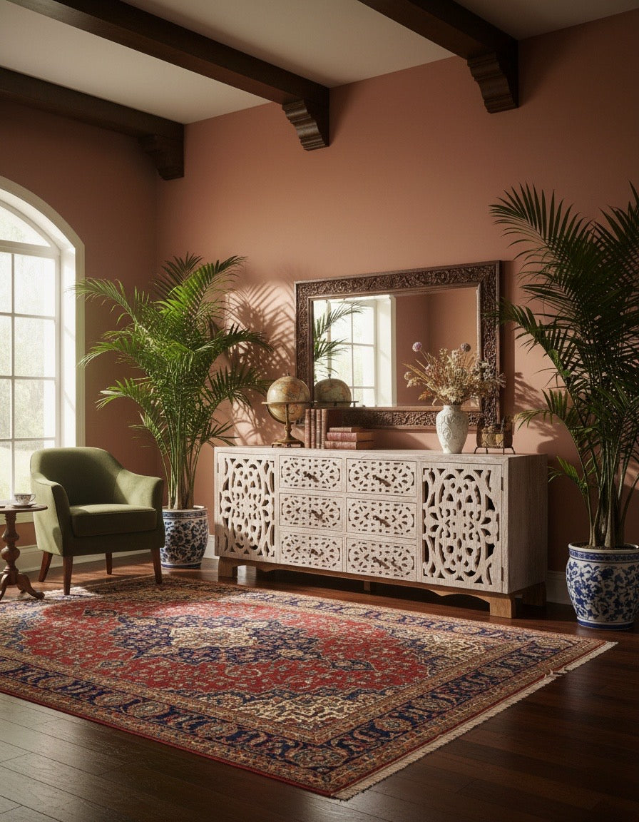 Aparador a medida con puertas talladas en madera de teca estilo balinés AM202201191449