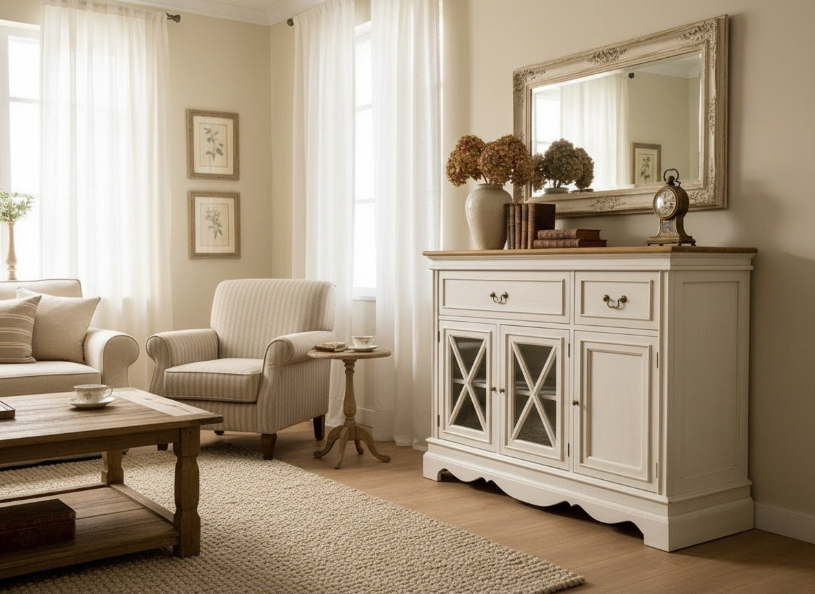 Aparador en blanco decapado y teca natural - AM-21329