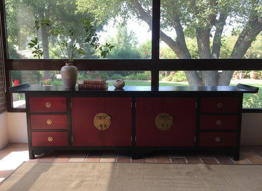 Aparador colonial-asiatico a medida rojo envejecido – AM-14145