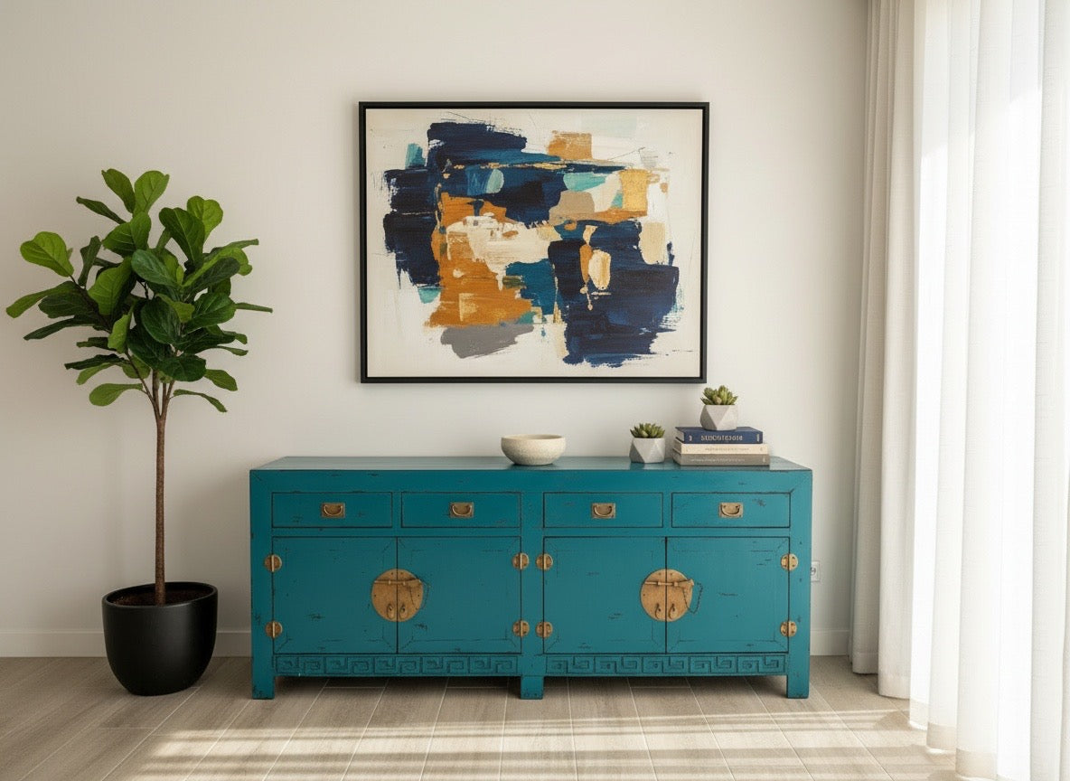 Aparador a medida en madera de teca y celosía tallada estilo asiático AM202201241509