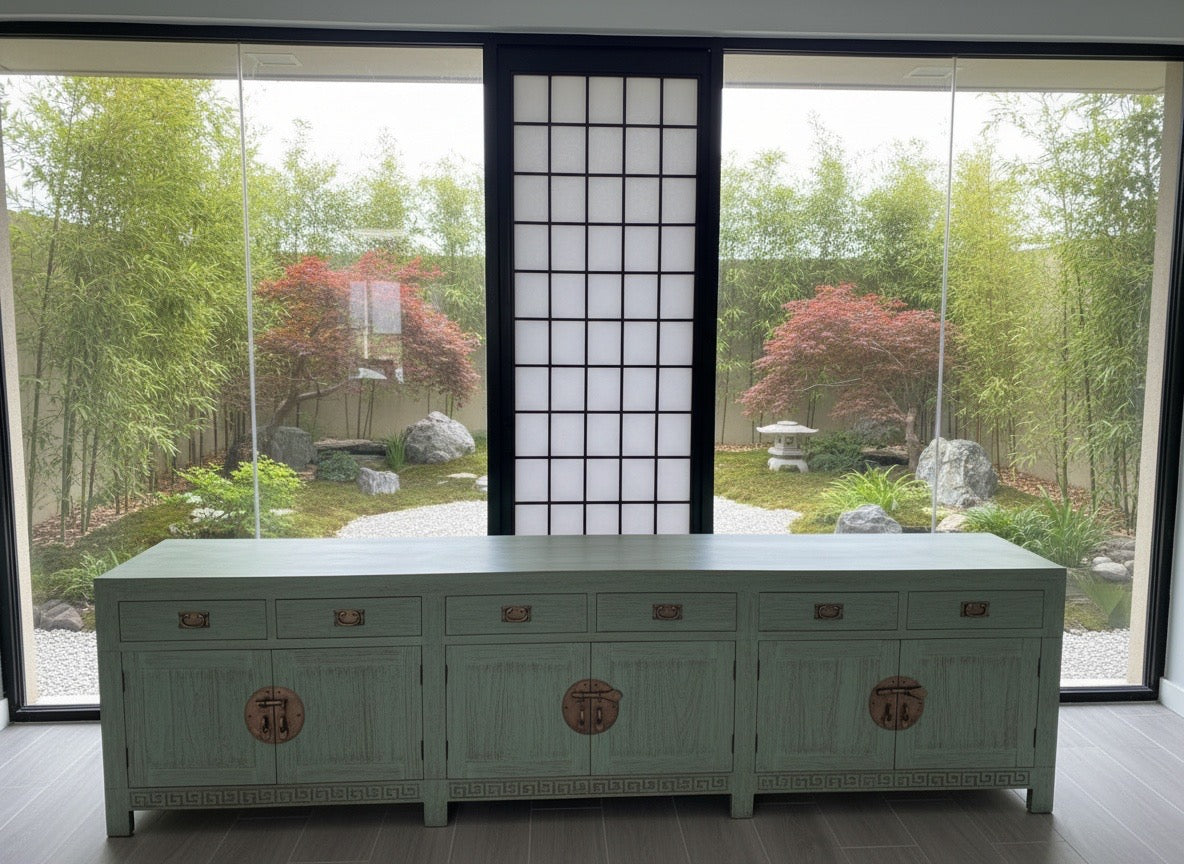 Aparador a medida en madera de teca y celosía tallada estilo asiático AM202201241509