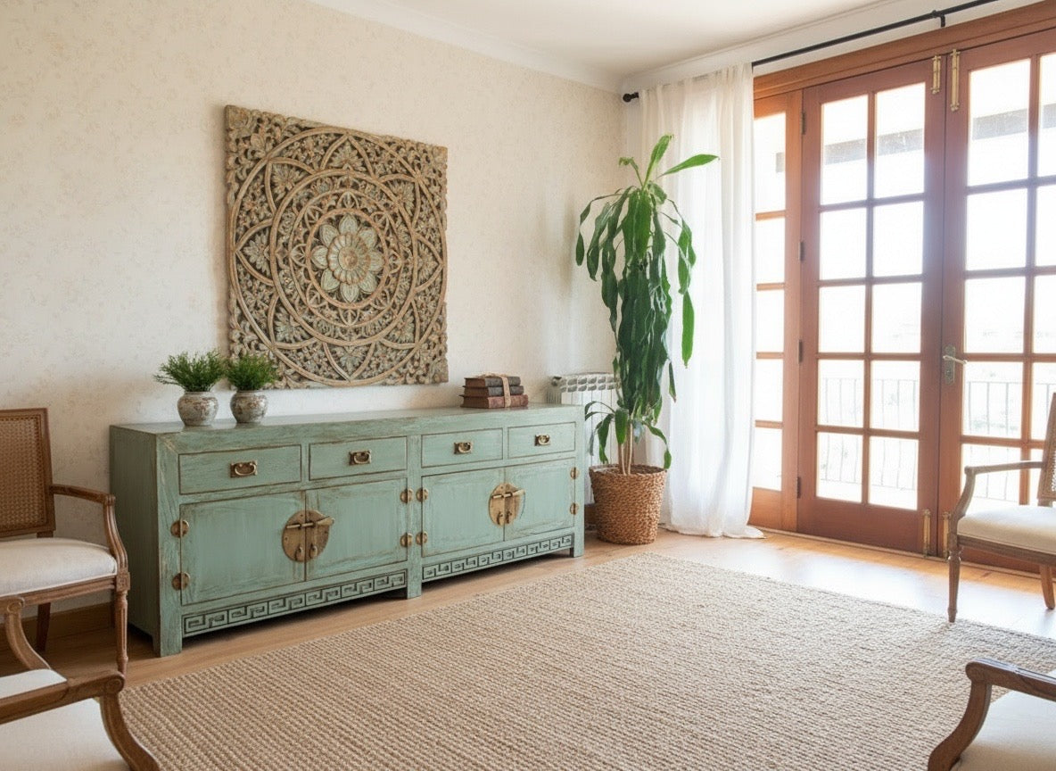 Aparador a medida en madera de teca y celosía tallada estilo asiático AM202201241509