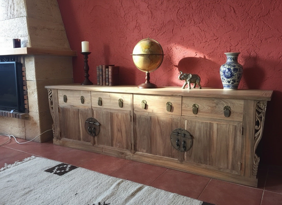 Aparador colonial asiático tallado en teca y cierres chinos AM-20846