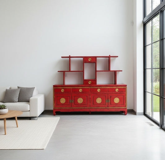 Aparador colonial asiático con estantería en rojo chino AM-20832