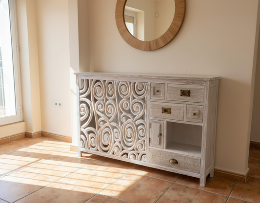 Cubreradiador colonial asiático a medida tallado y cajones de colores - AM-20446