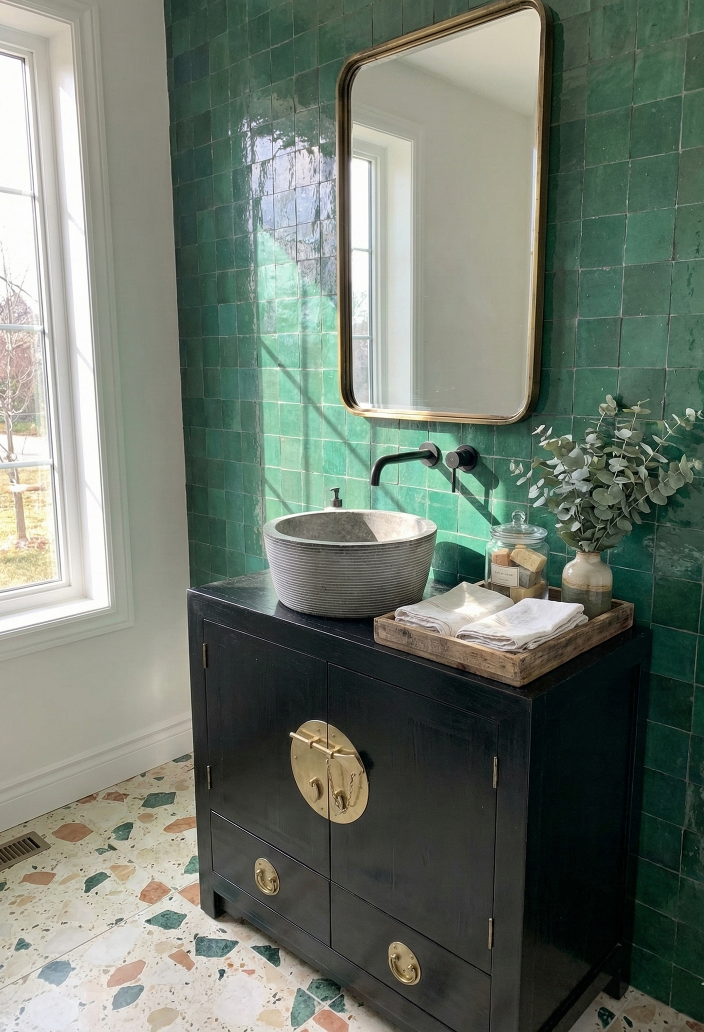 Mueble de baño colonial asiático a medida teca AM-14312