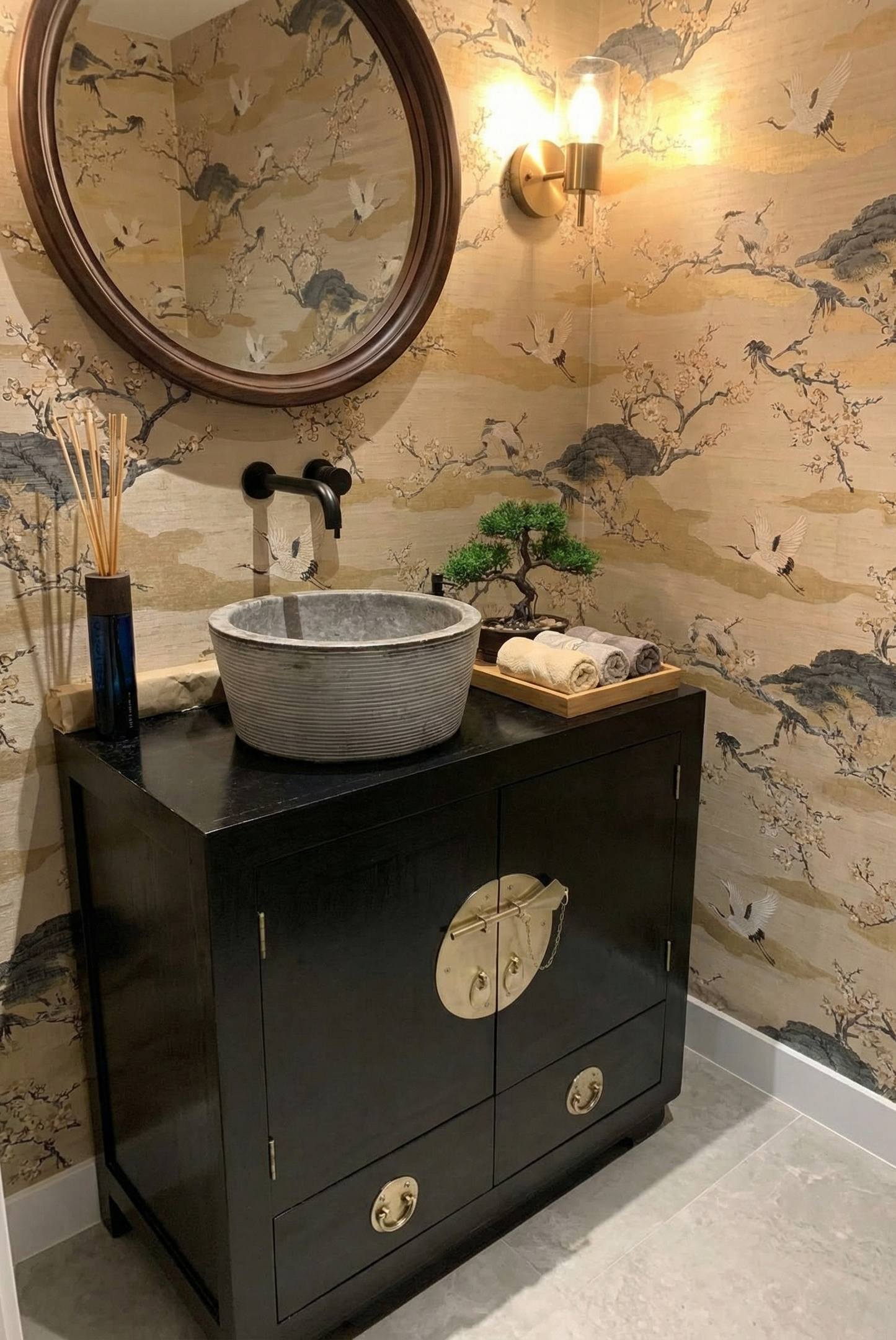Mueble de baño colonial asiático a medida teca AM-14312
