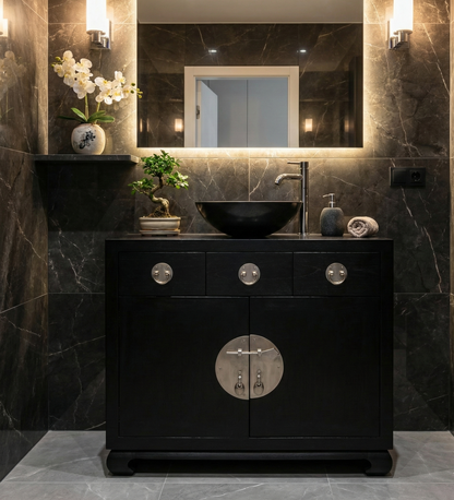 Mueble de baño colonial asiático a medida teca AM-14312