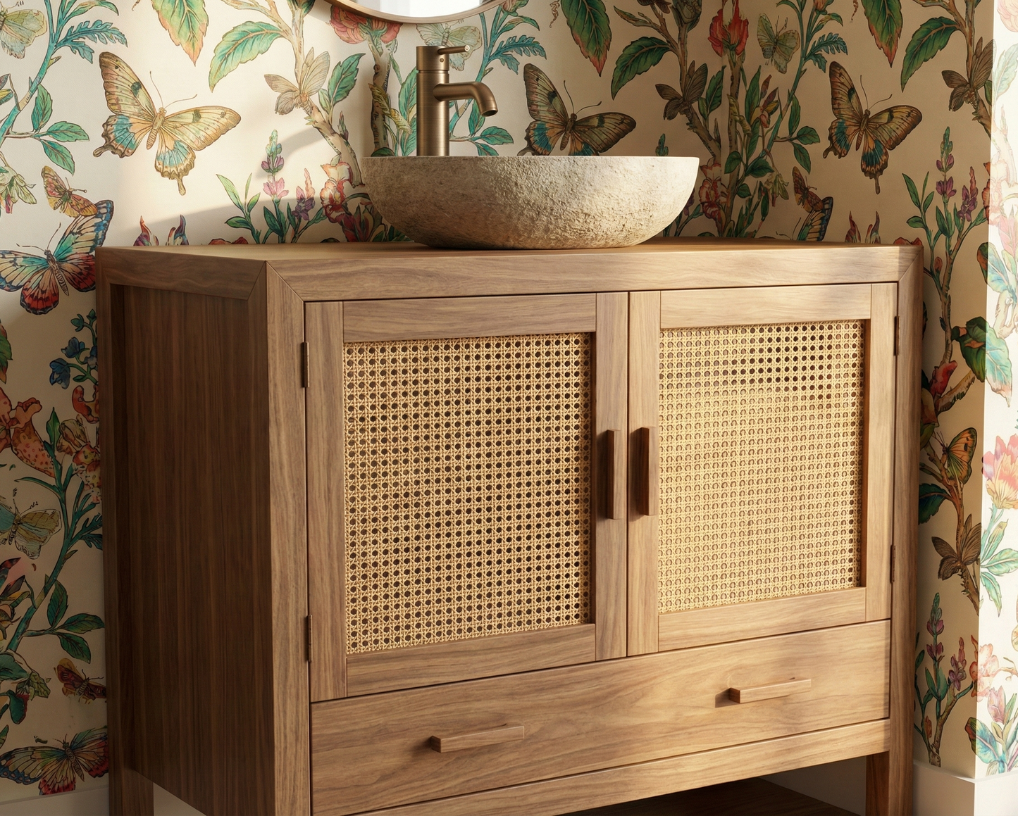 Mueble de Baño colonial asiático a medida fibras naturales y teca 12/26