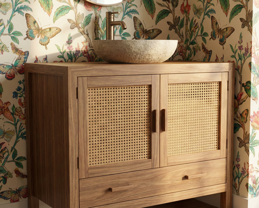 Mueble de Baño colonial asiático a medida fibras naturales y teca 12/26