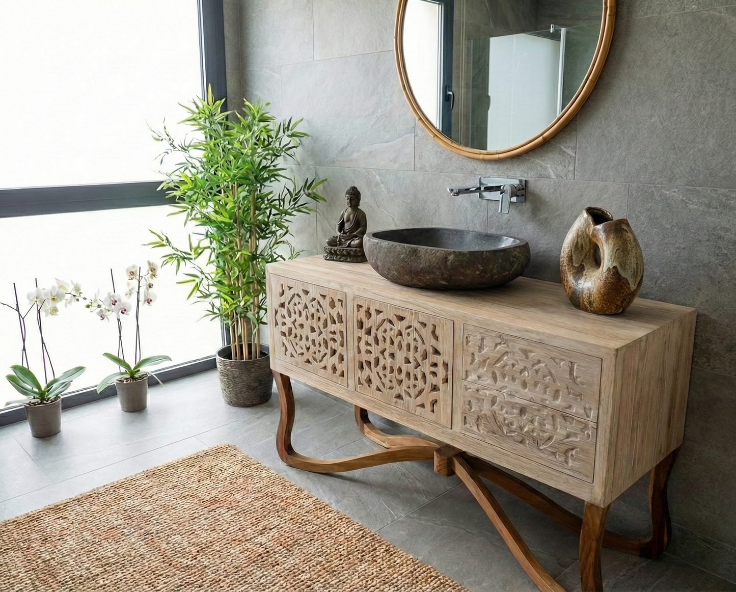 Mueble de Baño colonial-asiático a medida fabricado artesanalmente en teca AM-21168