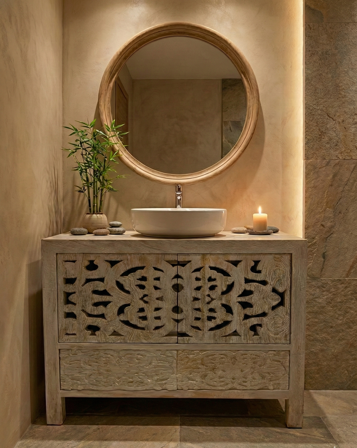 Mueble de baño a medida  colonial-asiático fabricado artesanalmente en teca AM-14318