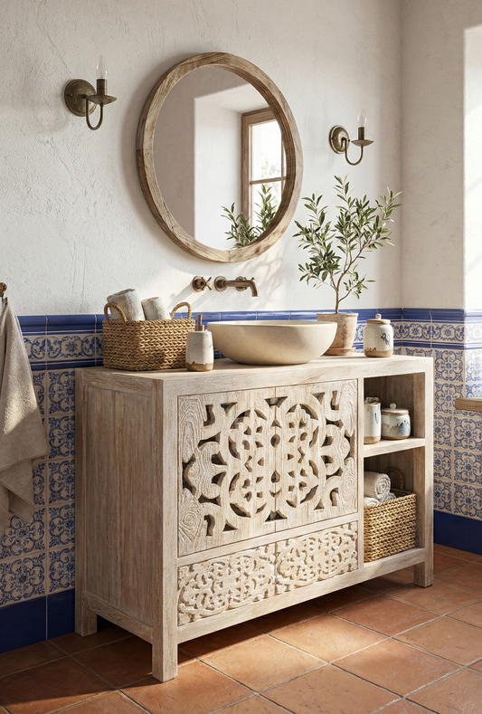 Mueble de baño a medida  colonial-asiático fabricado artesanalmente en teca AM-14318