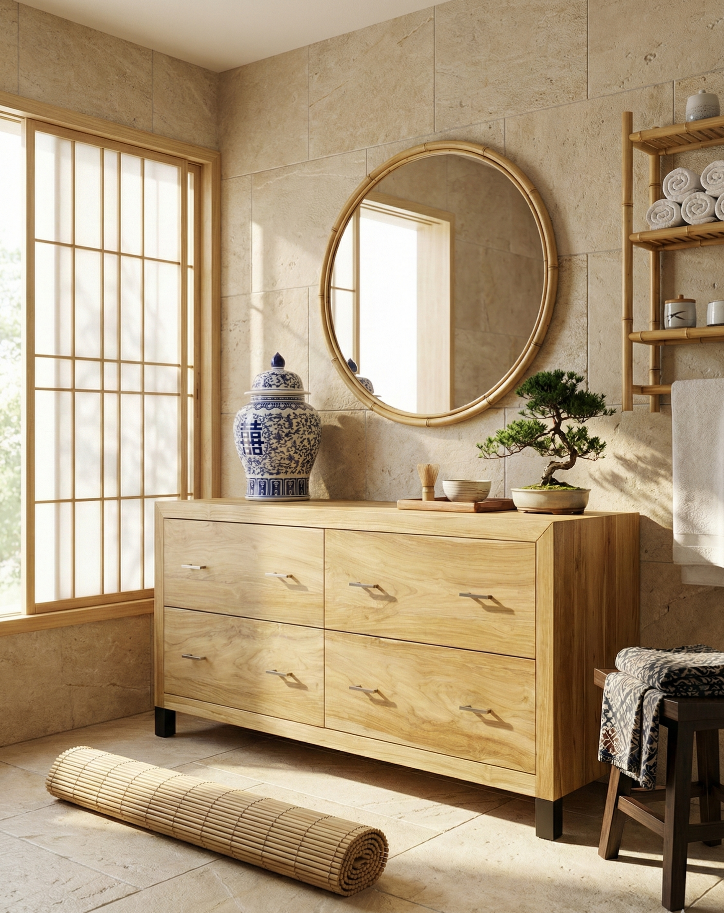 Mueble de Baño a medida colonial-asiático fabricado artesanalmente en teca - AM-14306