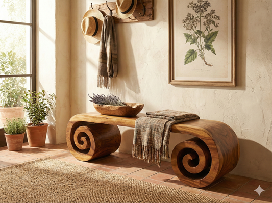 Banco colonial asiático a medida teca de volutas AM 31/54