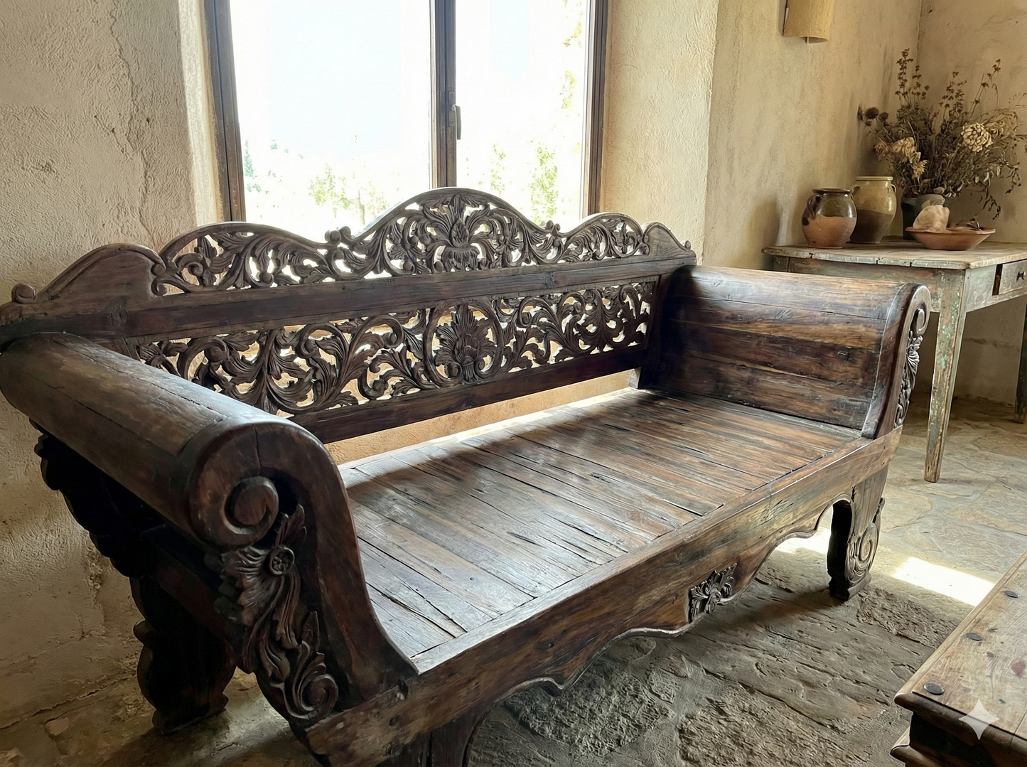 Banco colonial asiático a medida tallado teca AM29/54