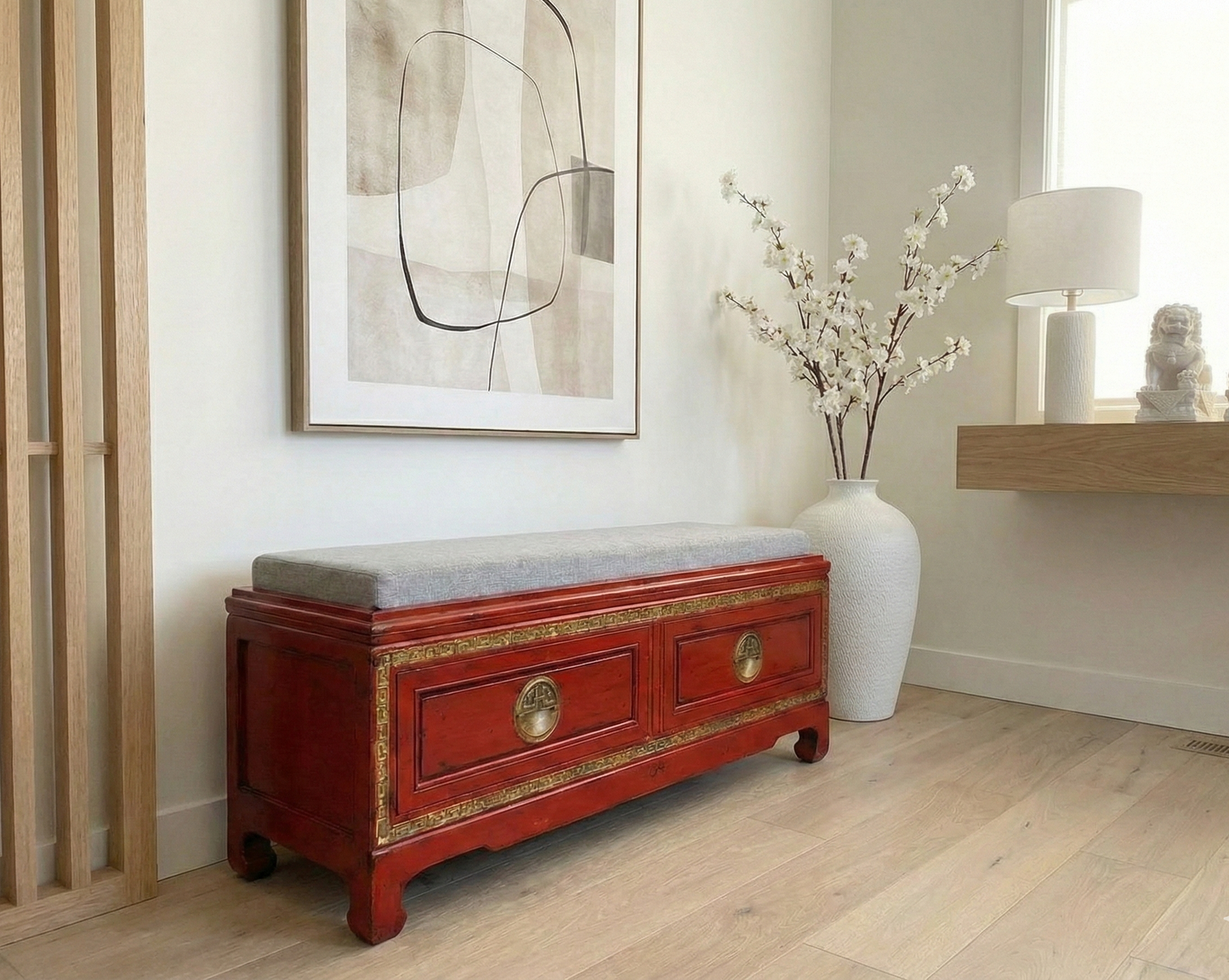 Banco colonial asiático chino ,teca con cajones frontales AM-20337