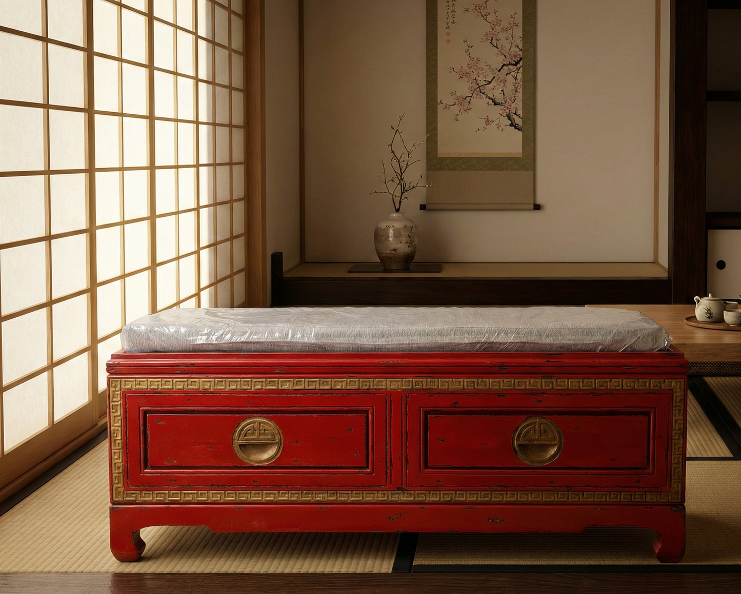 Banco colonial asiático chino ,teca con cajones frontales AM-20337