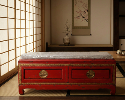 Banco colonial asiático chino ,teca con cajones frontales AM-20337