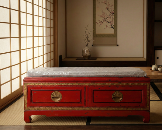 Banco colonial asiático chino ,teca con cajones frontales AM-20337