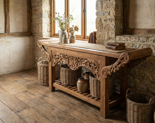 Consola colonial asiatica a medida tallada teca 42/48