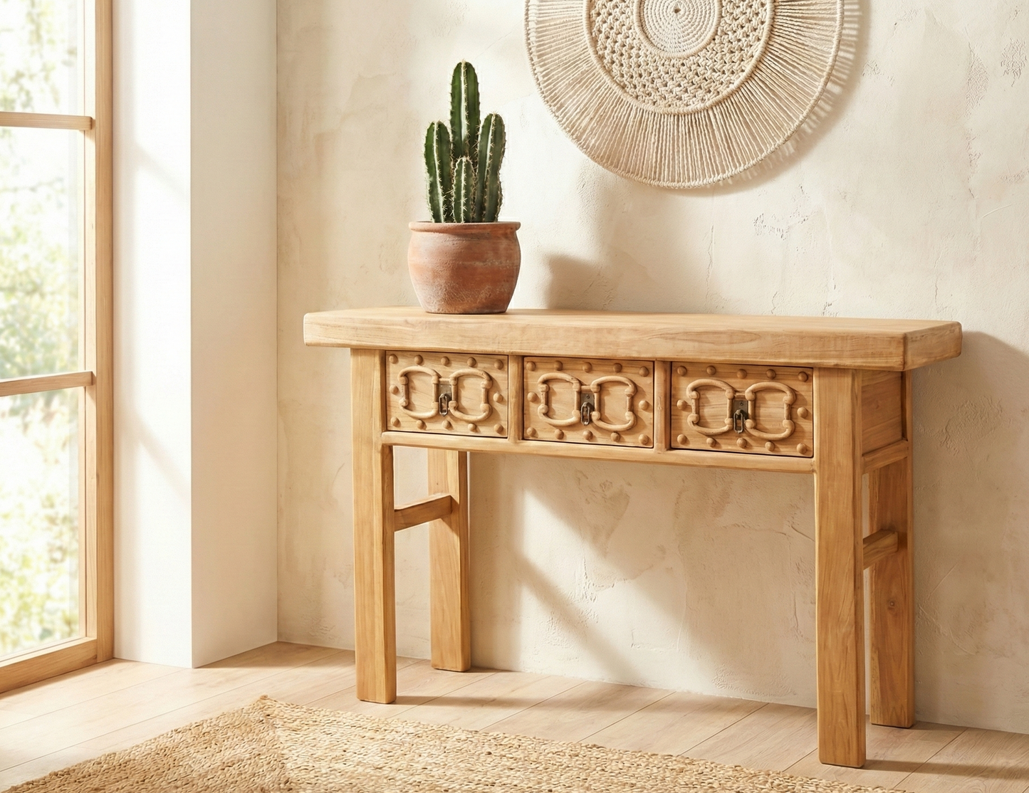 Consola colonial asiática en madera de teca con cajones tallados - AM-20425