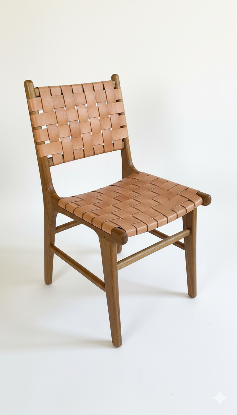 Silla Comedor colonial asiática piel y teca 03/51