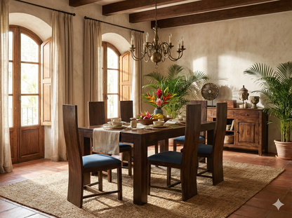 Mesa de comedor colonial asiática a medida fija o extensible en teca AM29/11