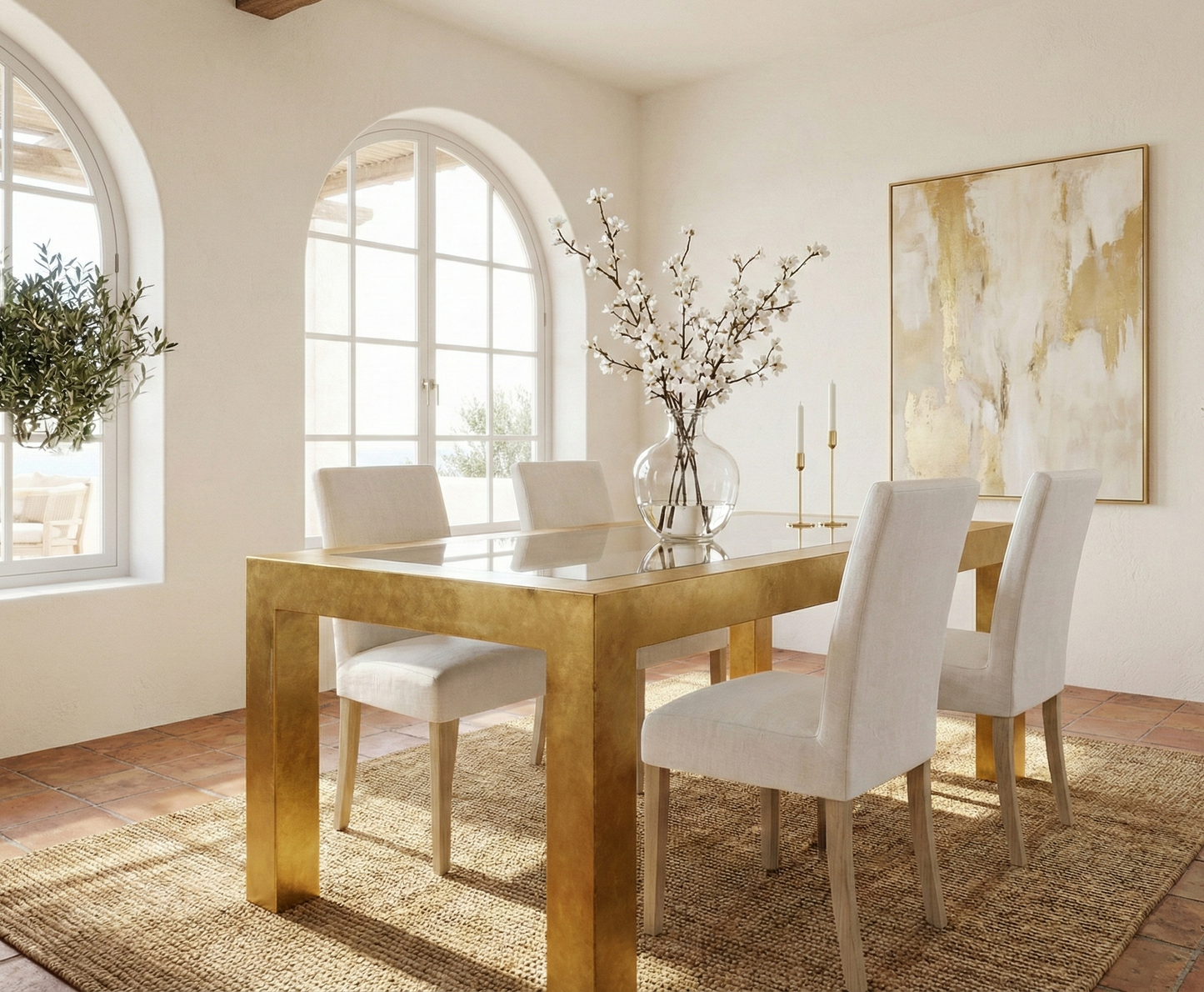 Mesa de comedor de metal y tapa de cristal a medida AM-13922