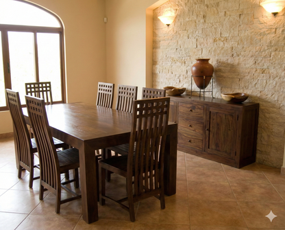 Mesa de comedor colonial asiática a medida fija o extensible en teca AM29/11