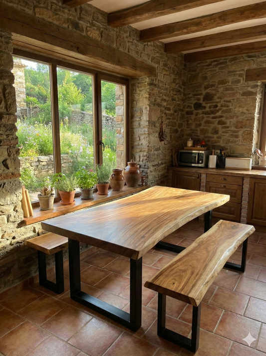 Mesa de comedor de madera de Suar maciza y patas metálicas  a medida - AM-13963